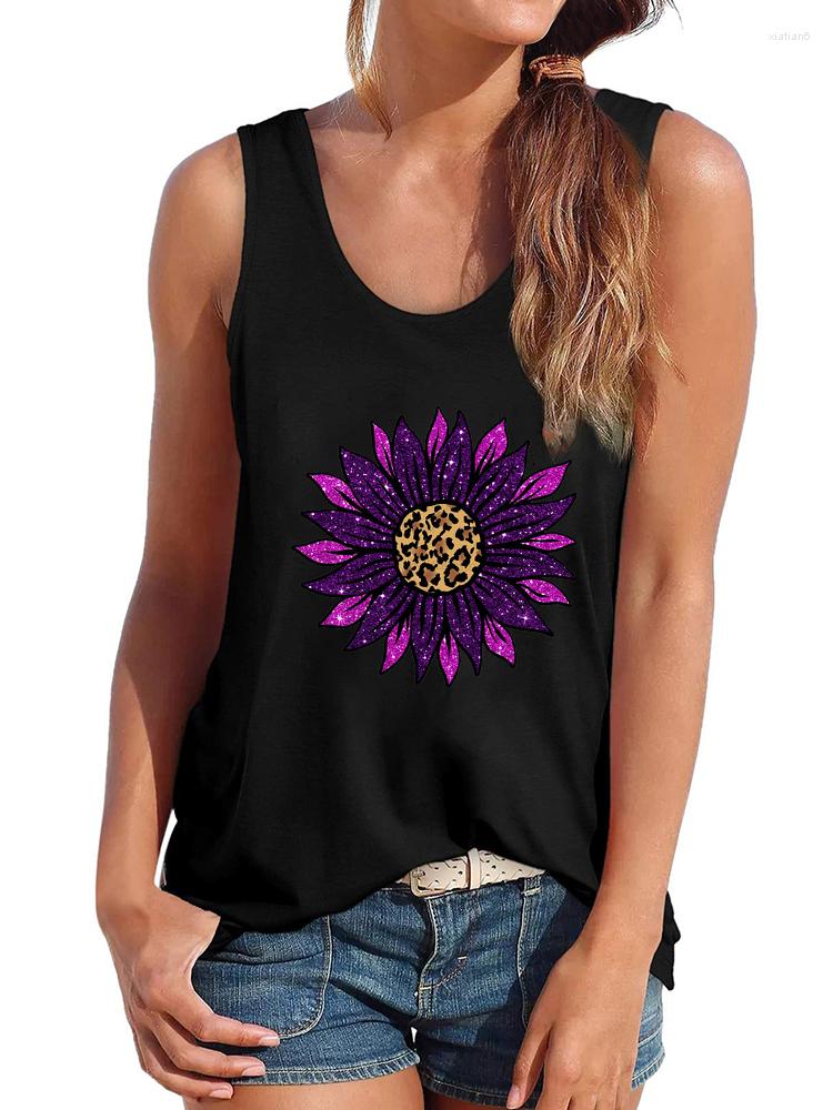 

Women' Tanks Purple Sun Flower Print Women Tank Tops Crew Neck Summer Sleeveless Casual 90' Girls Tee Shirt Femme Ropa Mujer, Black