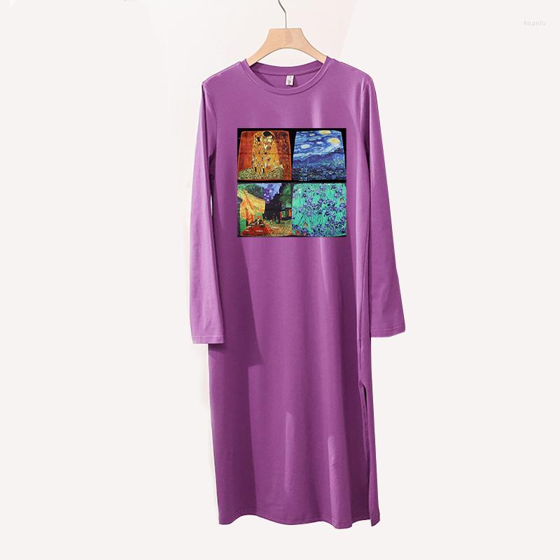 

Casual Dresses Spring Autumn 94% Cotton Women'S Printed Loose Long Sleeve Open Side Maxi Elegant Party Dress Vestido Feminino, Black