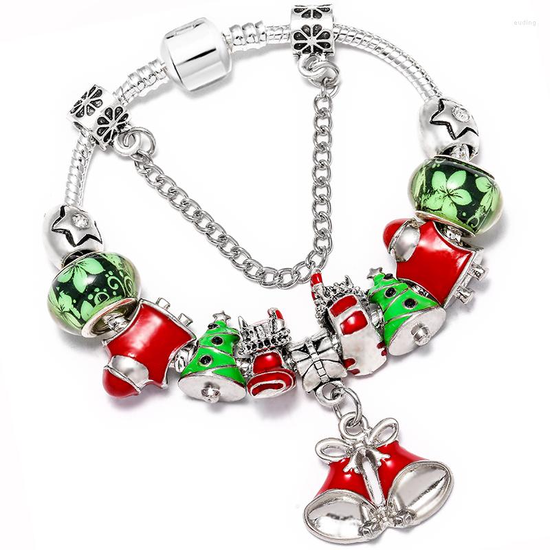 

Charm Bracelets Red Christmas Bell Bracelet Bangle Original Santa Green Tree Sock Flowers Glass Beads For Women Men