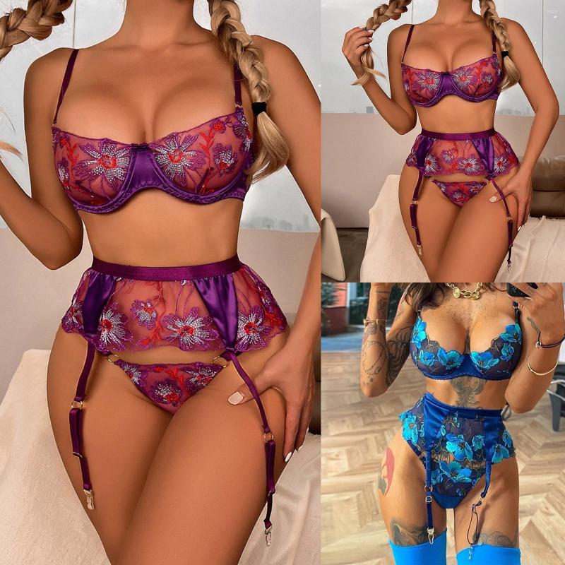 

Bras Sets Women Fashionable Sexy Lace Flower Embroidery With Steel Ring Lingerie Femme Lenceria Dress Costume Garter Strap, Blue