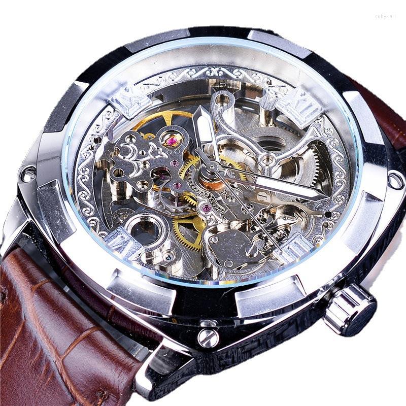 

Wristwatches Forsining Brand Classic Mens Watches Skeleton Automatic Mechanical Watch Golden Clock Leather Waterproof Military Wristwatch, Silver