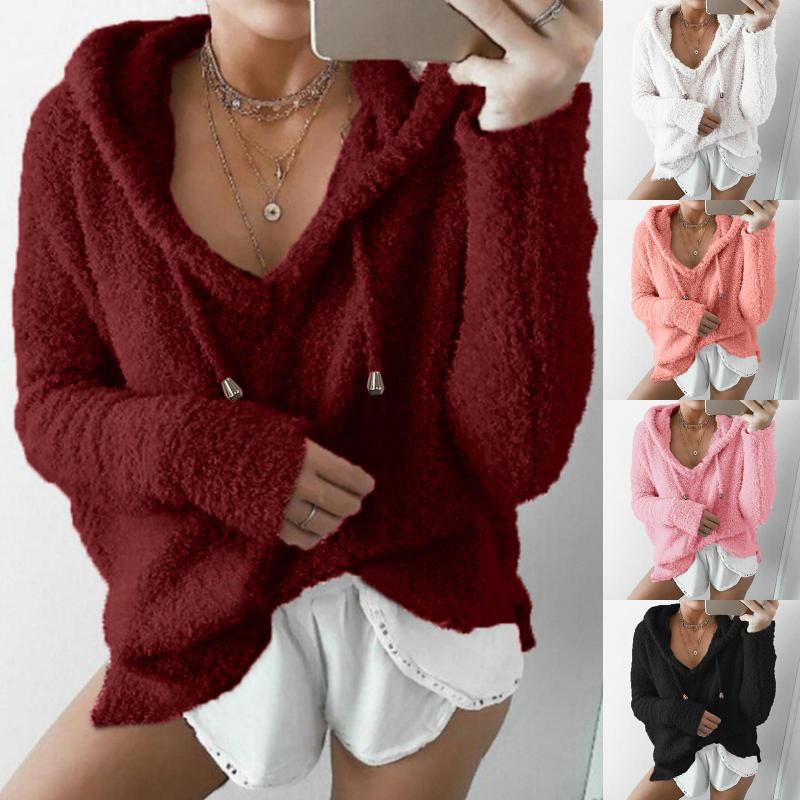 

Women's Hoodies Plush Hooded Sweatershirt Women's Tops 2023 Autumn Winter Coat Pure Color Drawstring Overcoat Casual Ladies Pullover, Orange