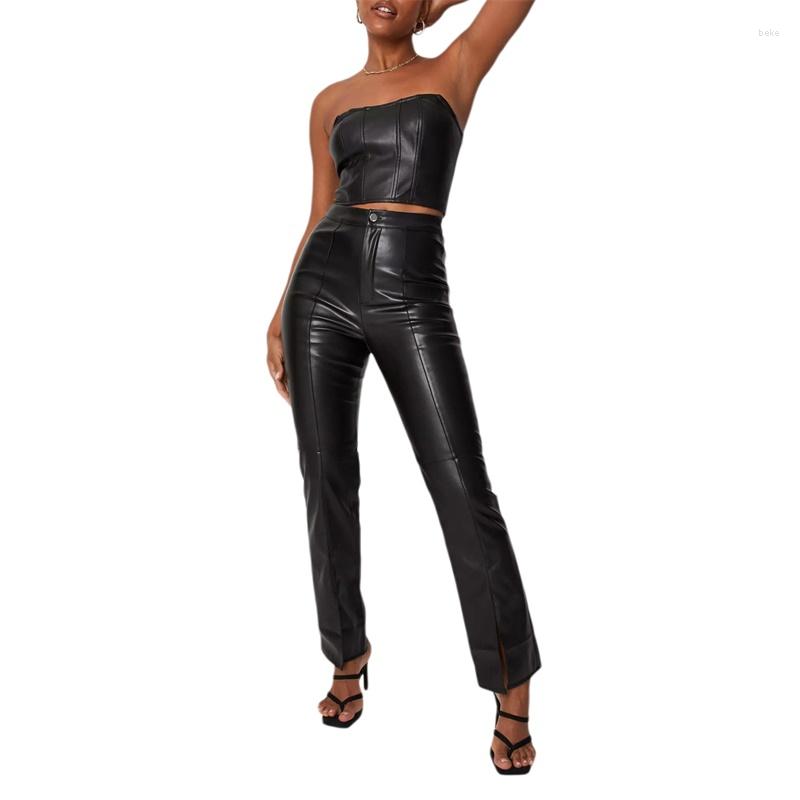 

Women' Pants Xingqing Straight PU Leather Trousers For Women High Waist Zipper-Up Casual Female Autumn Brown Black Streetwear