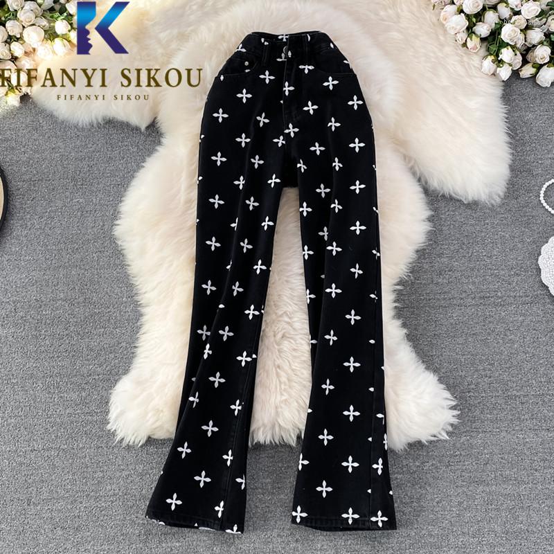 

Women's Jeans Black Print Women 2023 Spring Summer Loose High Waist Denim Wide Leg Pants Street Fashion Washed Female