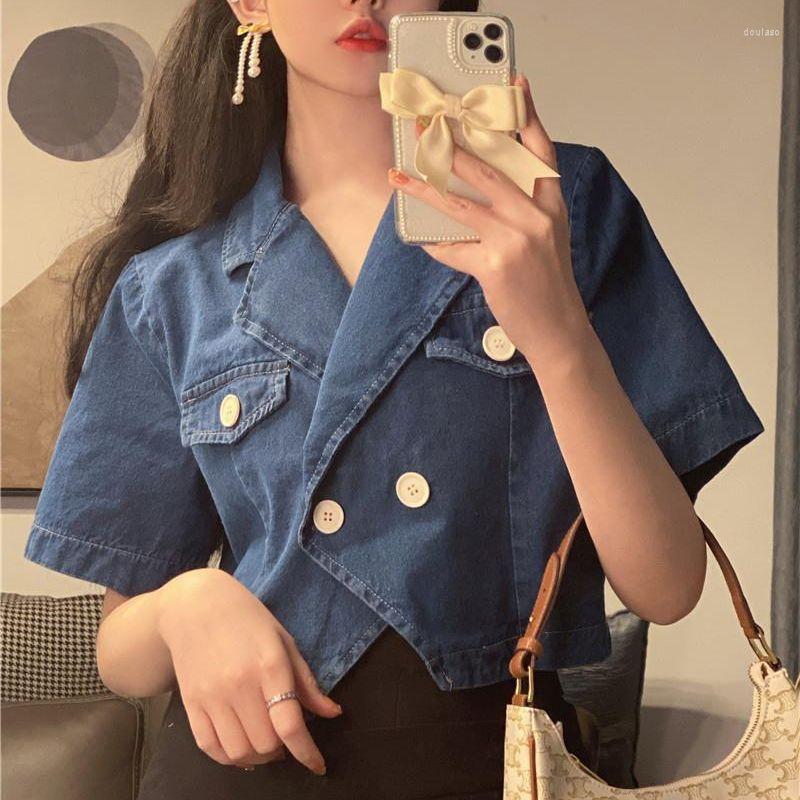 

Women's Jackets Denim Blazers Women Fashion Double Breasted Asymmetrical Loose Solid Short Sleeve Crop Outwear Female Casual Retro Stylish, Dark blue
