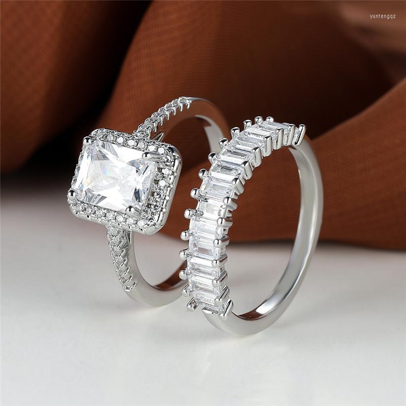 

Wedding Rings White Zircon Engagement Ring Set Luxury Crystal Square Stone Double Trendy Silver Color Bridal Sets For Women