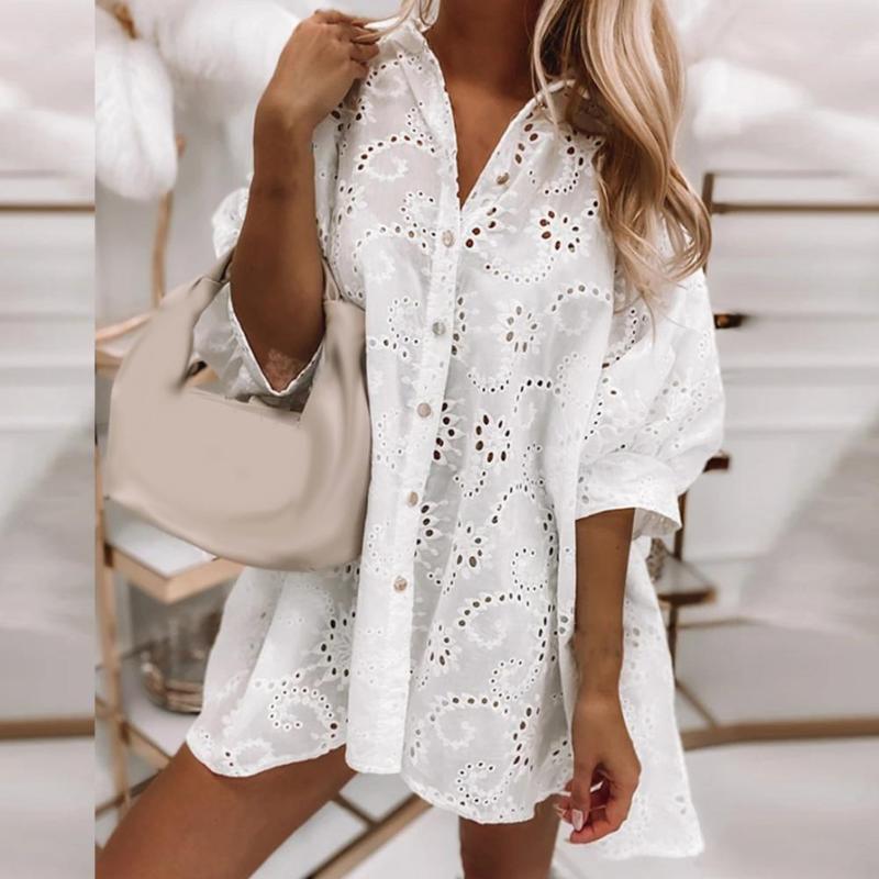 

Casual Dresses Women Solid Color Hollow Out Dress Autumn Shirt Loose For PartyCasual, White