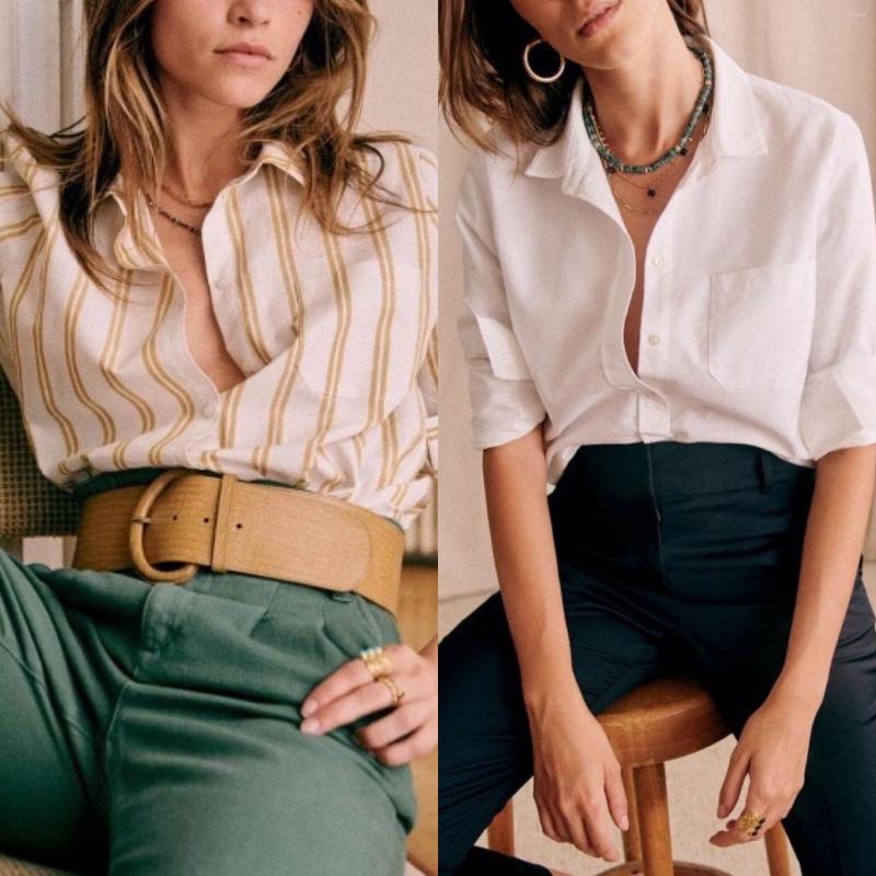 

Women' Blouses Spring And Autumn Honey Color Two-line Striped Lapel Basic White Cotton Shirt