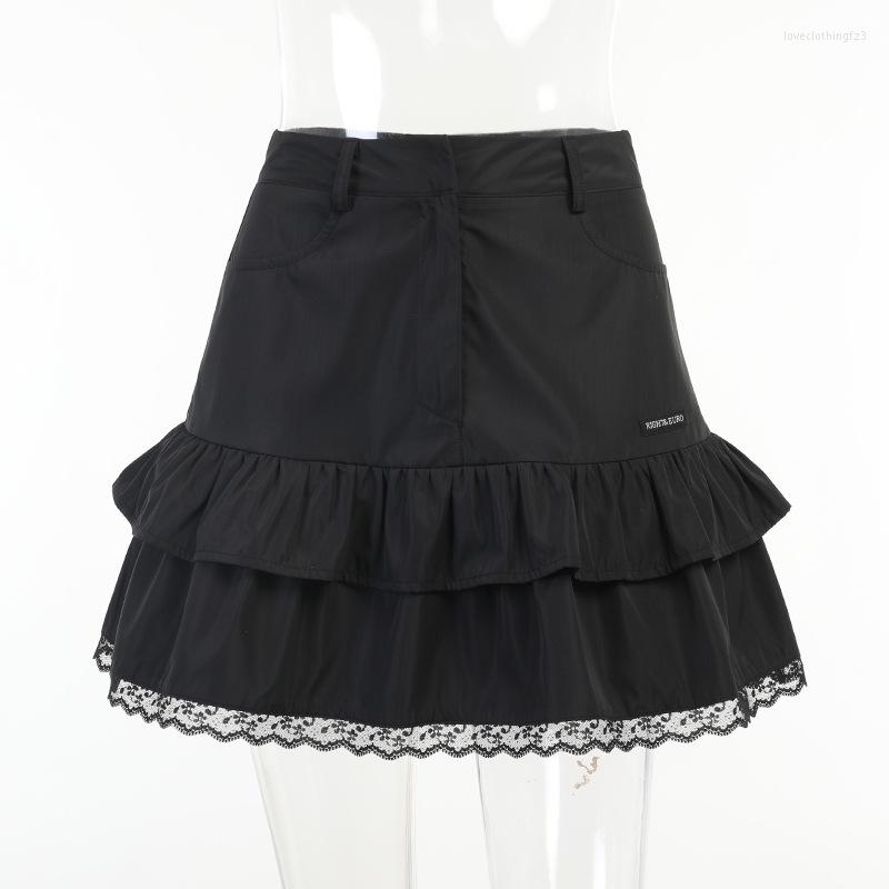

Skirts College Style Stitching Lace High Waist Skirt Women, Black