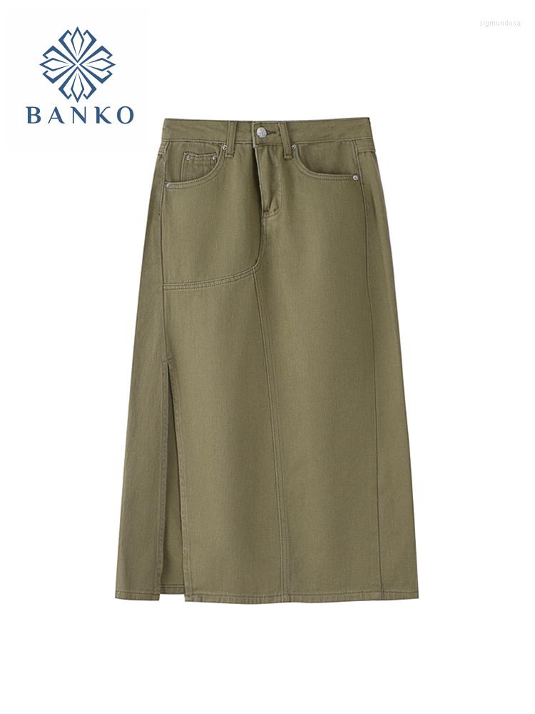 

Skirts 2023 Korean Fashion Women Long Denim Skirt Split High Waist Midi Loose Jeans Female A-line Pencil Vintage Khaki