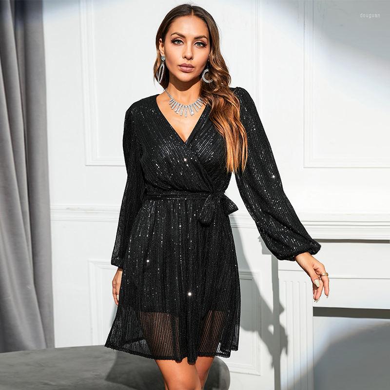 

Casual Dresses Party Dress Sexy V-neck Long-sleeved Sequins Slim Bodycon Club, Red