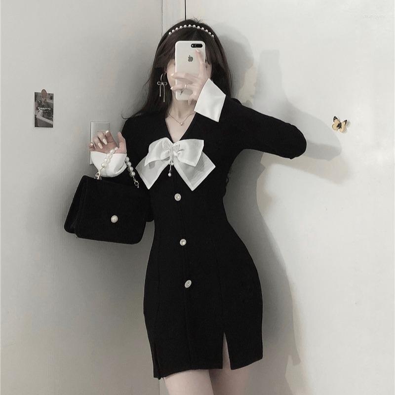 

Casual Dresses Harajuku Korean Style Black Bowknot Front Sexy Bodycon Dress High Waist Long Sleeve Sweet Spring Summer Clothes For Women