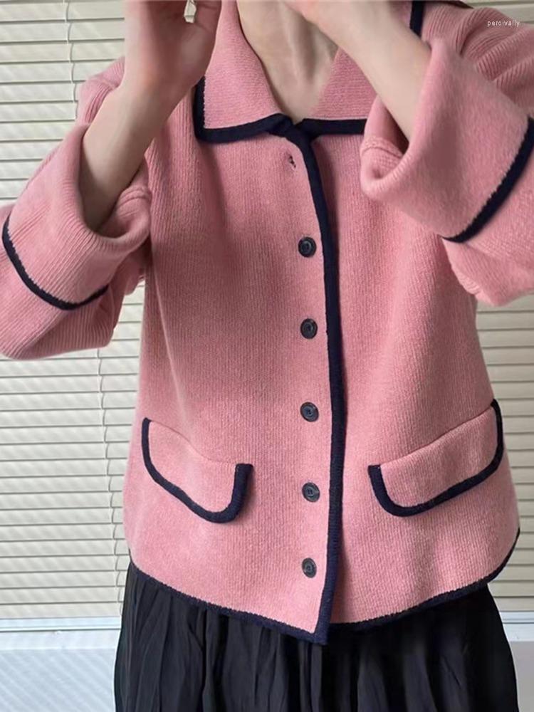 

Women's Knits Fall Women Contrast Lapel Long Sleeve Fine Wool Knit Cardigan, Black