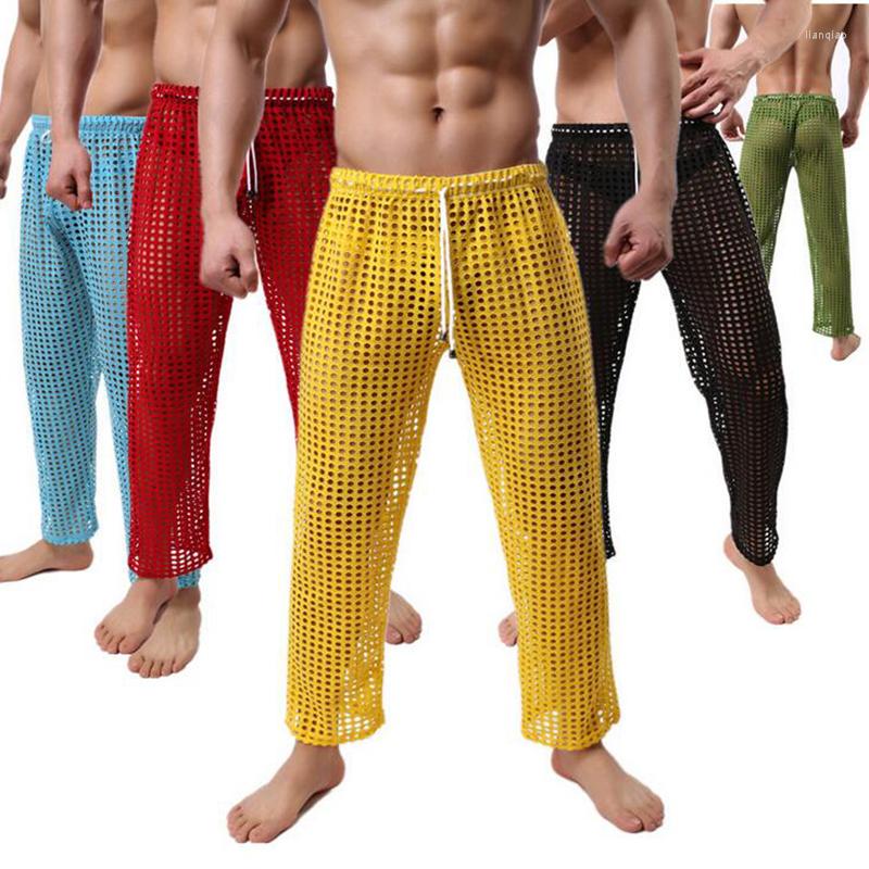 

Men' Sleepwear Men Hollow Out Bottoms Fishnet See Through Sheer Elastic Loose Leggings Stretchy Nightwear Sleep, White