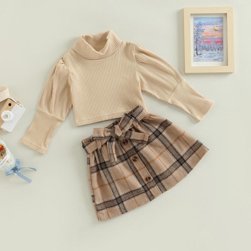 

Clothing Sets FOCUSNORM 1-6Y Fashion Autumn Kids Girls Clothes 2pcs Long Sleeve Turtleneck Pullover Tops Plaid Printed Skirts, Beige