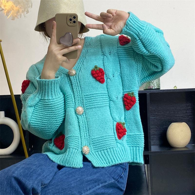 

Women's Knits & Tees Korean Fashion Strawberry Three-dimensional Hook Flower Women Long Sleeve Knitted Cardigan Short Coat Autumn Winter War, Sky blue
