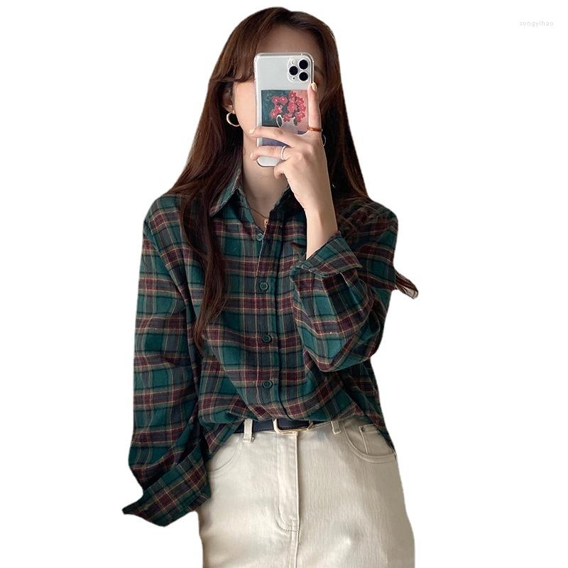 

Women's Blouses Shirt Women's Retro Hong Kong Style Brushed Top 2023 Spring And Autumn Korean Leisure Professional Long Sleeve, Green