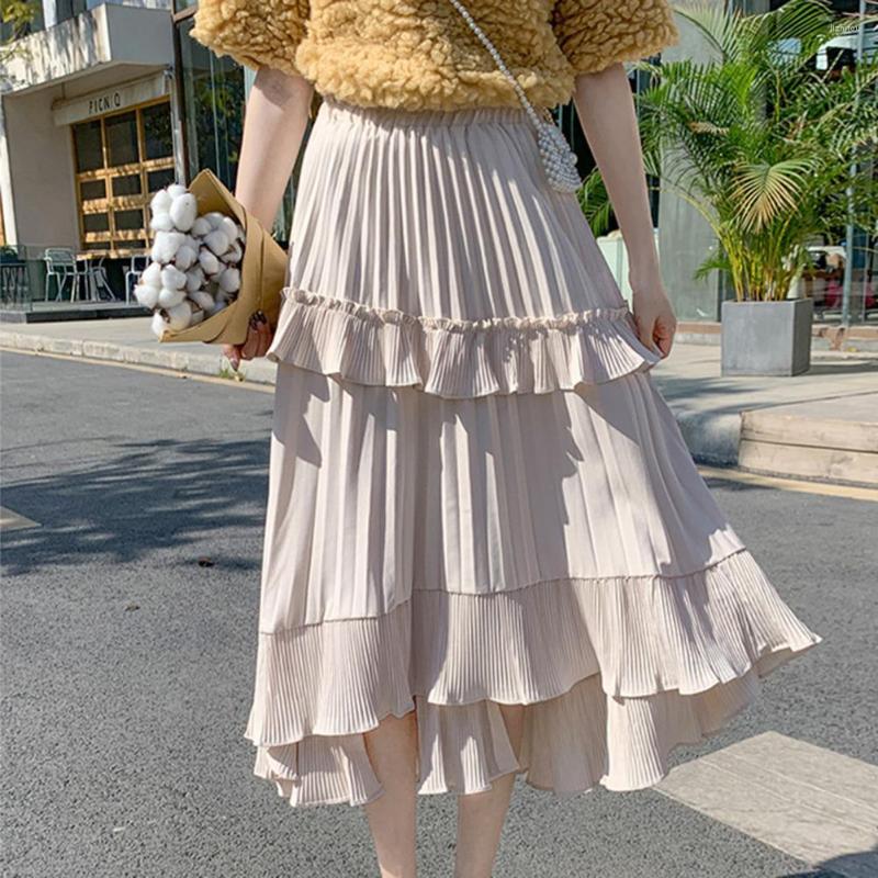 

Skirts High Waist Elastic Waistband Ladies Skirt High-low Hem Pleated Ruffle Edge Solid Color Midi Women A-Line, Black