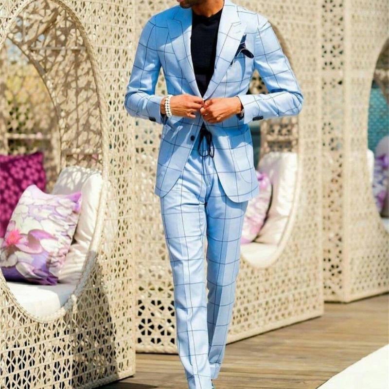 

Men's Suits Tailored Light Blue Check Mens 2 Pieces Groom Man Pants Suit Business Wedding Blazer (Jacket Pants), Beige