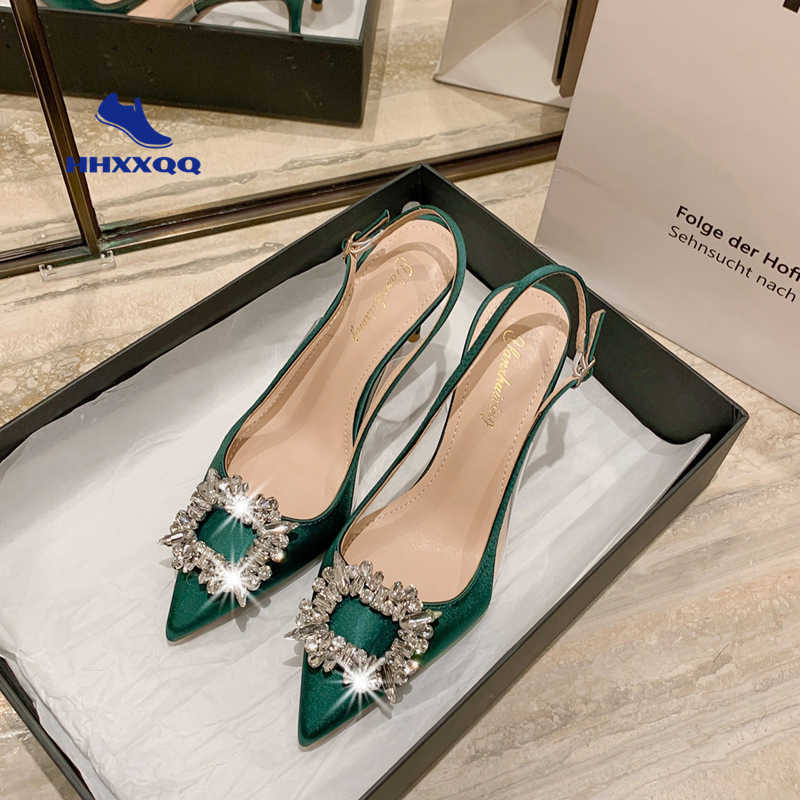 

Dress Shoes 2022 Summer New Sandals Women's Pointed Toe Satin Rhinestone Square Buckle Baotou Korean Green High Heels Wedding Shoes G230203, Green 6cm