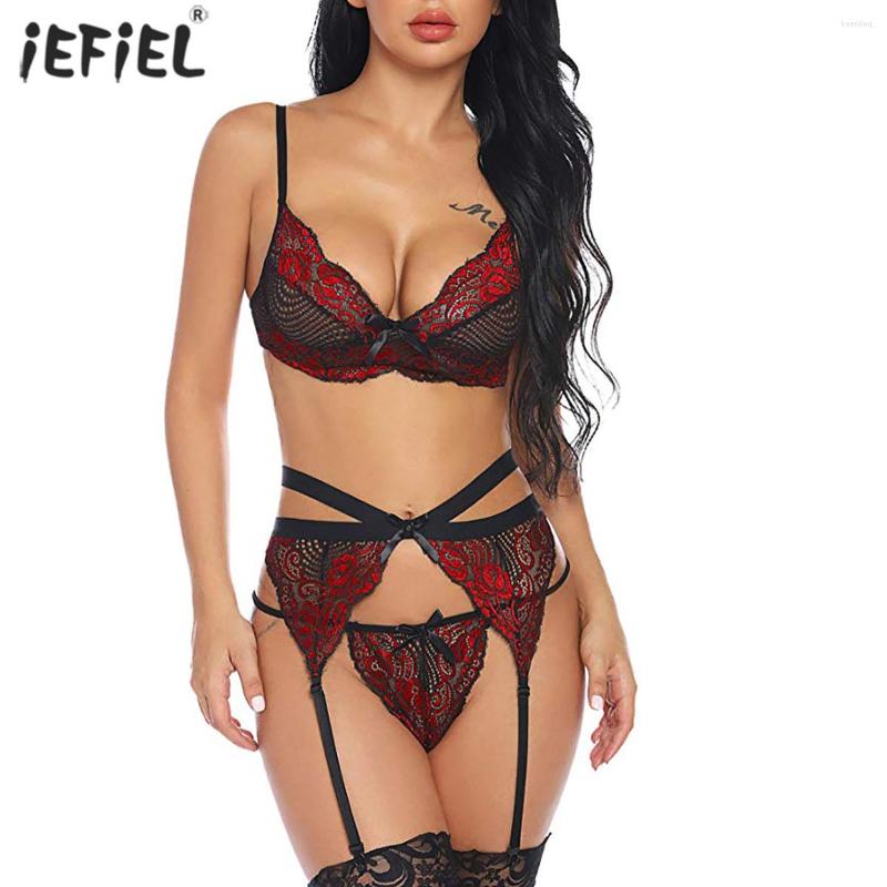 

Bras Sets Sexy Women Lingerie Set Erotic Floral Lace Deep V Neck Bra Top G-string Briefs Ladies Underwear With Garter Belt, Blue