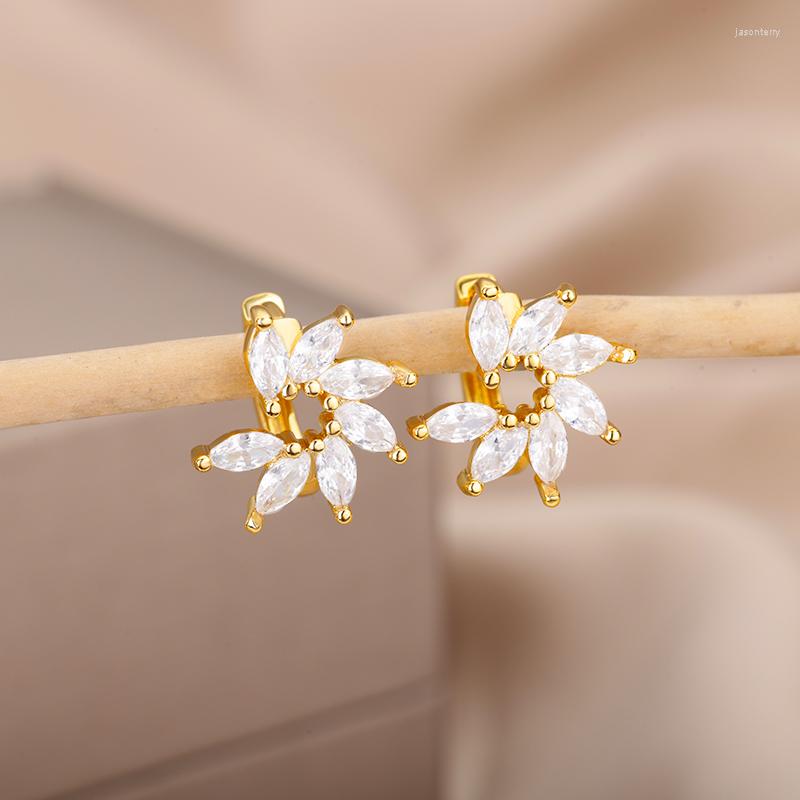 

Hoop Earrings Crystal Floral Flower Shape For Women Stainless Steel Gold Color Zircon Plant Leaf Jewelry Wedding Gift