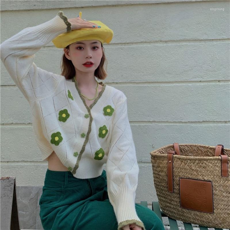 

Women's Knits Korean Flower Knit OL Cardigan Women 2023 Autumn Vintage Sweet Sweaters Japanese Elegant V Neck Crop, Beige