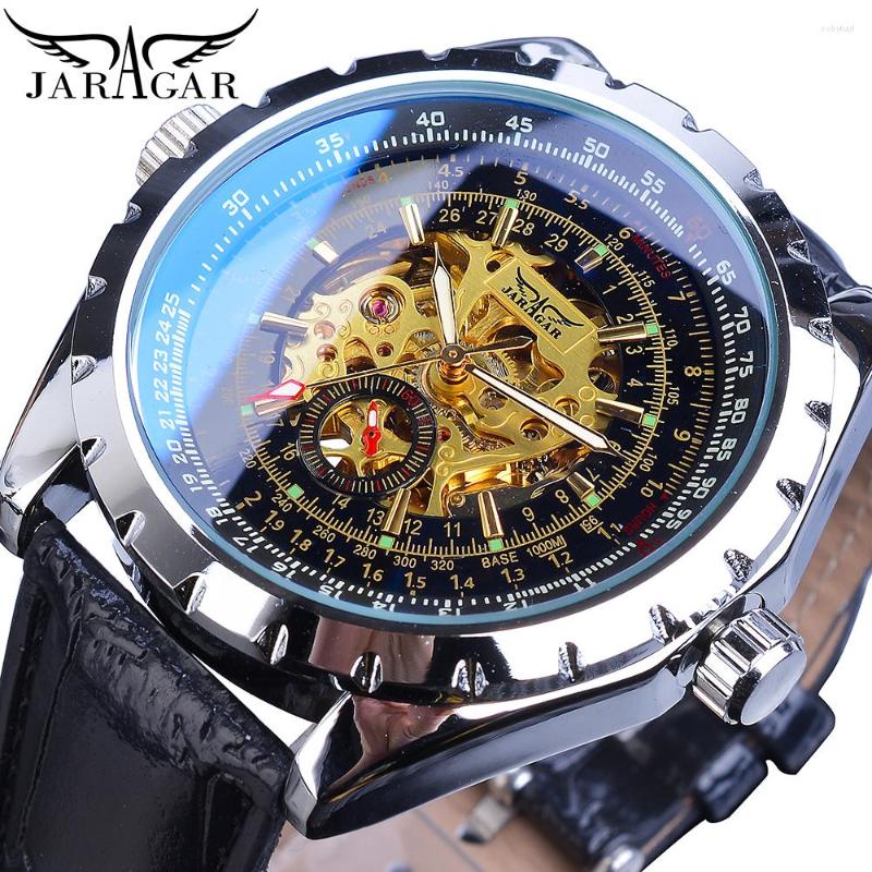 

Wristwatches Jaragar Black Golden Business Mens Watch Skeleton Automatic Self-Wind Mechanical Sport Leather Band Wristwatch Relogio, Picture shown