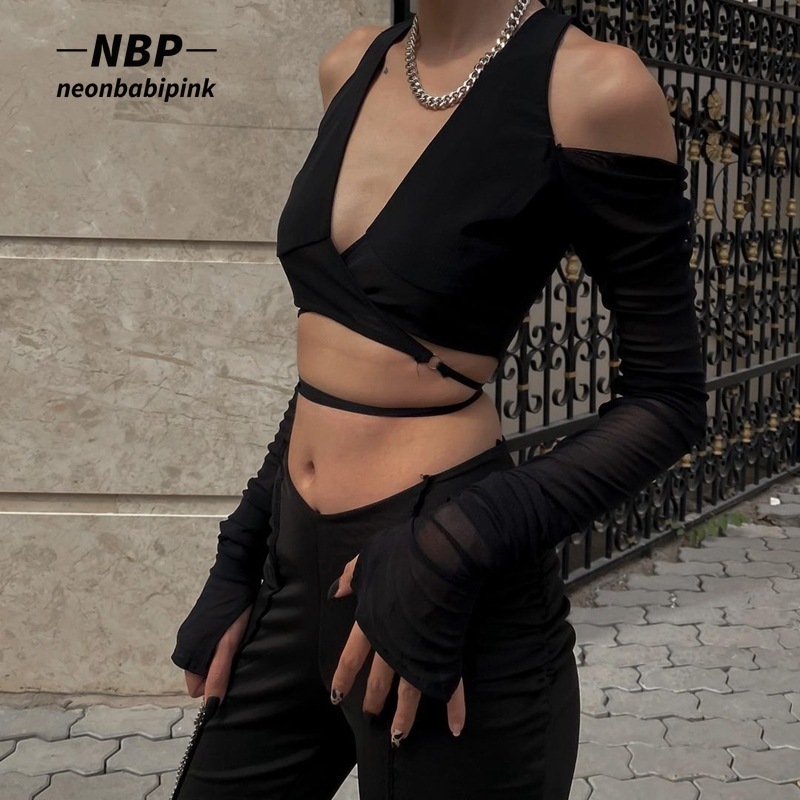 

Women's T-Shirt NEONBABIPINK Sexy Black Crop Tops Streetwear Women Fashion Lace Up Bandage V Neck Cut Out Long Sleeve T Shirts N33-BZ15 230203