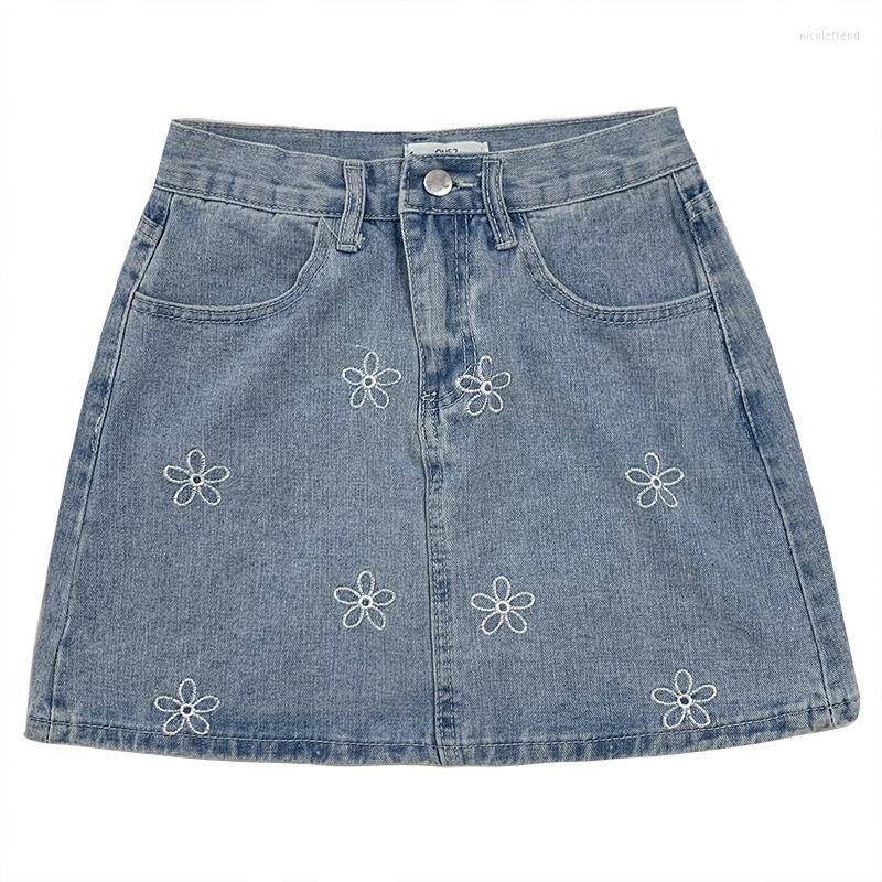 

Skirts Cute Flower Embroidery Design Summer Retro Light Blue High Waist All-match Denim Skirt