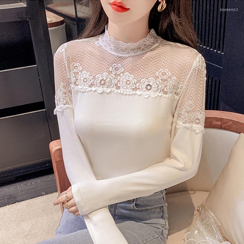 

Women' T Shirts Autumn Winter Women Bottoming Shirt Perspective Long Sleeve T-shirt Korean Fashion Mesh Lace Tops Blusa Feminina, Black