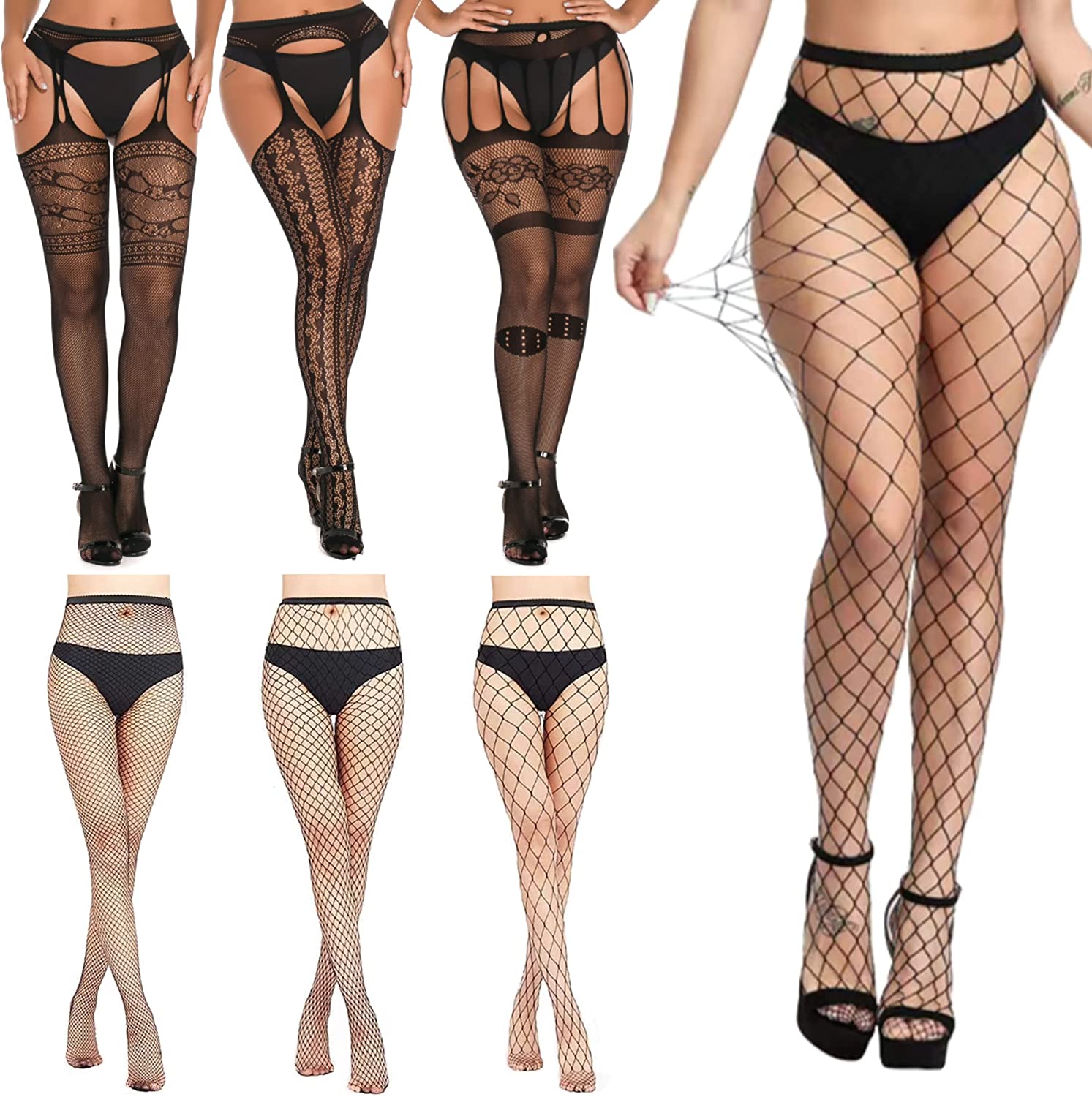 

6 Pairs Women Lingerie Garter Belt Stocking Sexy Fishnet Thigh High Tights Suspender Pantyhose, 6 pcs-1