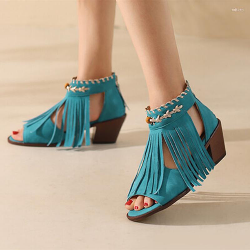 

Sandals Lady Fringe Wood Texture Wedges Shoes 6.5cm Green Pinkish Back Zip Flock Pumps For Summer Open Toe Retro British Styles, Green 6.5cm