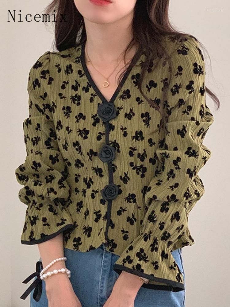 

Women's Blouses Korean Chic Retro Shirt Temperament V-neck Blouse Three-dimensional Flower Single-breasted Trumpet Sleeve Flocking Floral, Green