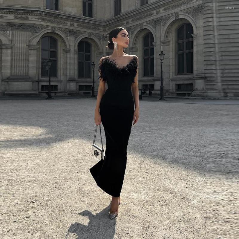 

Casual Dresses Feather Strapless Black Dress Design V Neck Tube Top Bodycon Female Back Split Bandage Party Clubwear