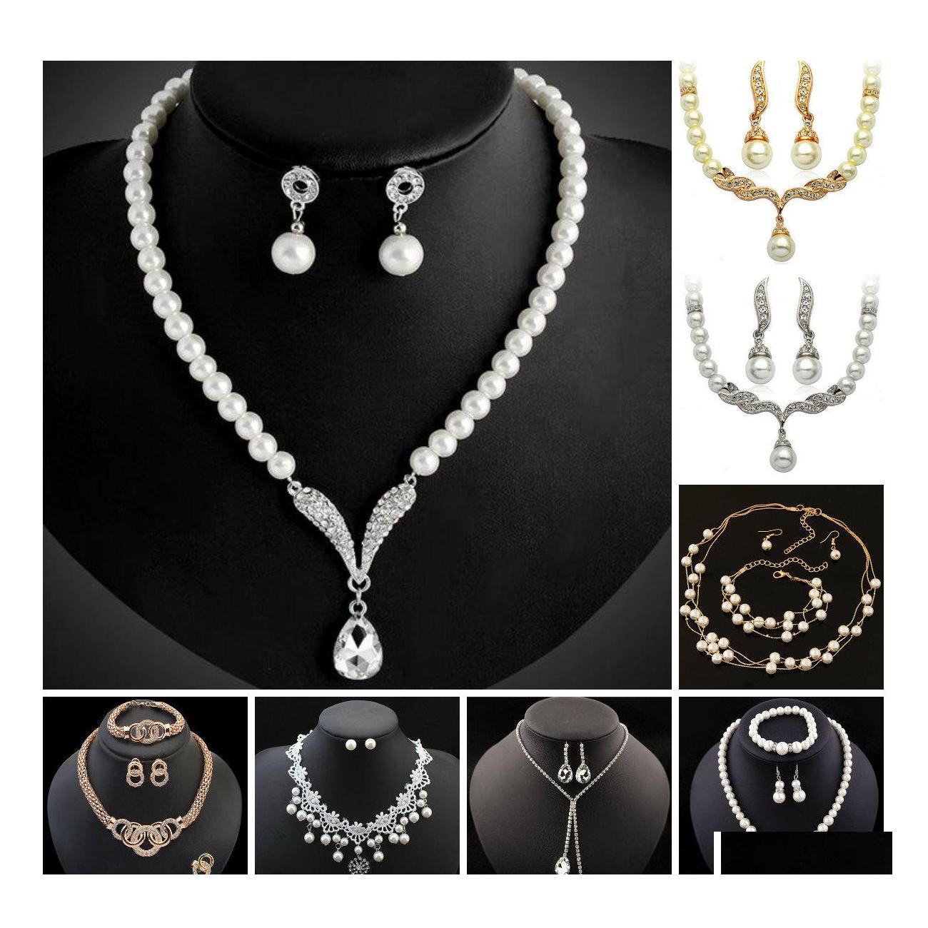 

Earrings Necklace Bridesmaid Jewelry Set For Wedding Crystal Rhinestone Tear Dropshaped Fashion Pearl Pendants Earring Party Vipje Dhquz, White