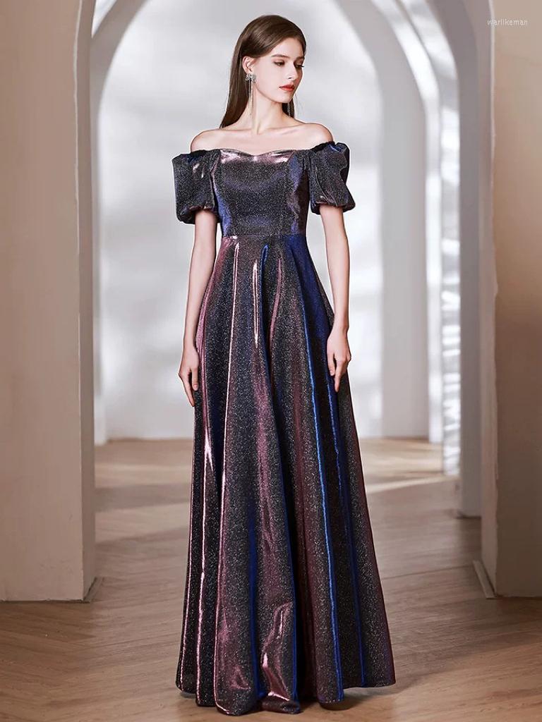 

Party Dresses Luxurious Strapless Cocktail Square Collar Puff Sleeve Satin A-Line Sequins Long Shiny Formal Gown Woman Plus Size, Photo color