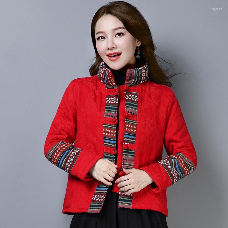 

Women's Jackets Autumn And Winter Ethnic Style Women's Vintage Floral Fabric Paneled Chinese Stand Collar Tivet Cotton Linen Jacket, Red