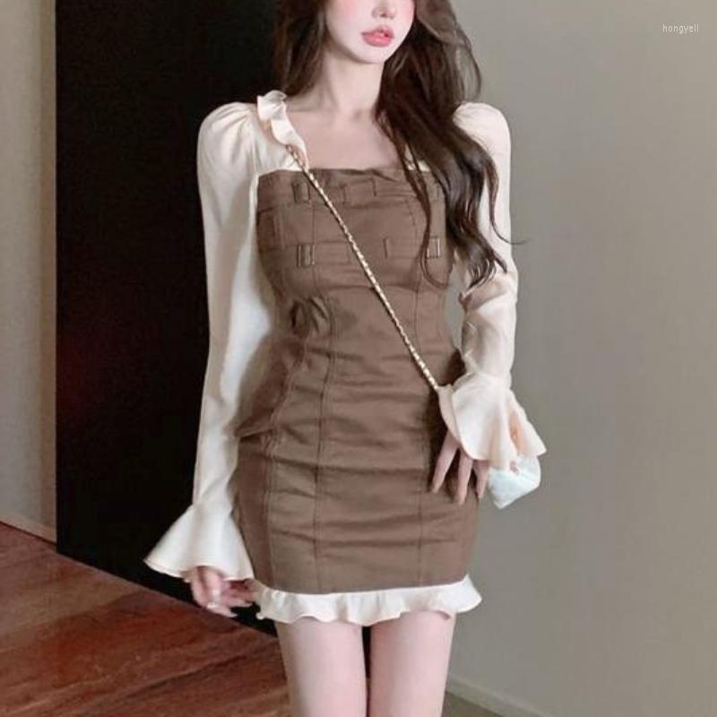 

Casual Dresses Autumn Winter French Retro Dress Women Ruffles Patchwork Elegant Party Mini Female Korean Fashion Designer Slim 2023, Brown