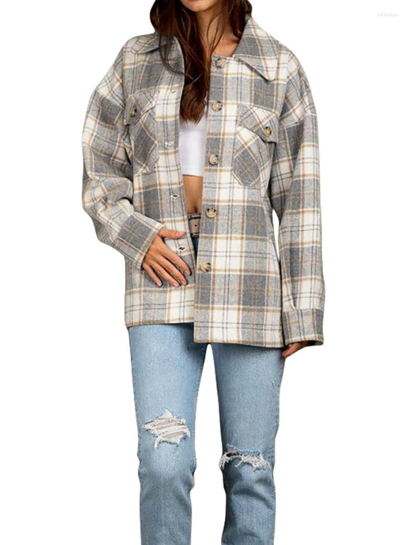

Women' Blouses Women  Plaid Lapel Collar Front Open Medium Coat Long Sleeve Classic Button Down Contrast Color Jacket, Green