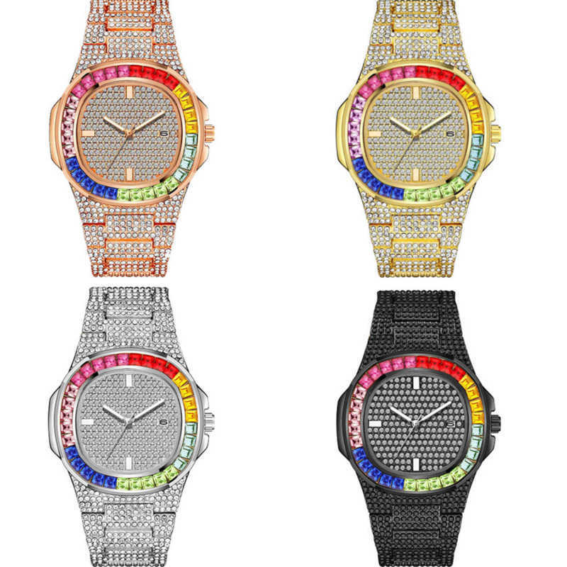 

Men Luxury Hip Hop Iced Out Watches Bling Gold Watch Male Rhinestone Quartz Wristwatch Relogio Masculino, Black