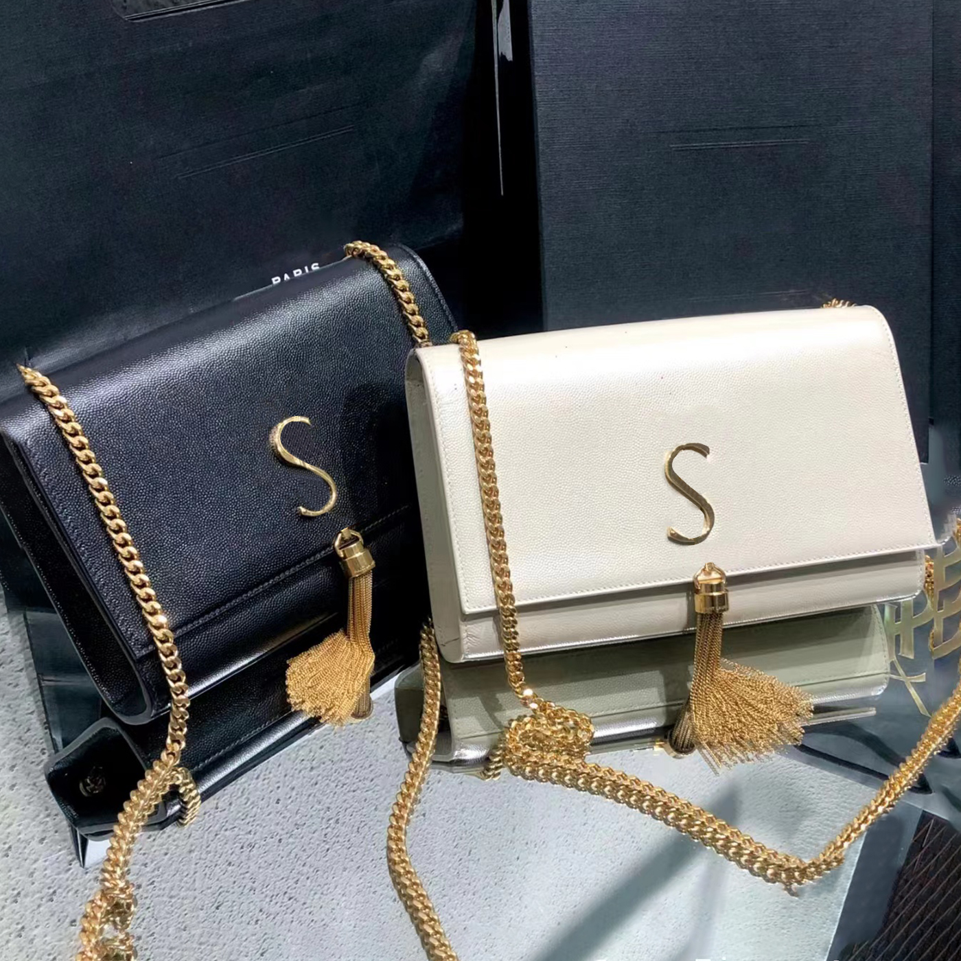 

5A quality Luxury Designer classic Shoulder Bags Crossbody bag clutch envelope tassel tote Metal logo chain handbags leather fashion mens wallet womens kate purses, Khaki silver