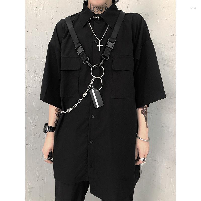 

Women's Blouses QWEEK Women's Streetwear Harajuku Dark Chain Techwear Oversized Black Shirt Safari Style Short Sleeve Top Korean Fashion, Hei