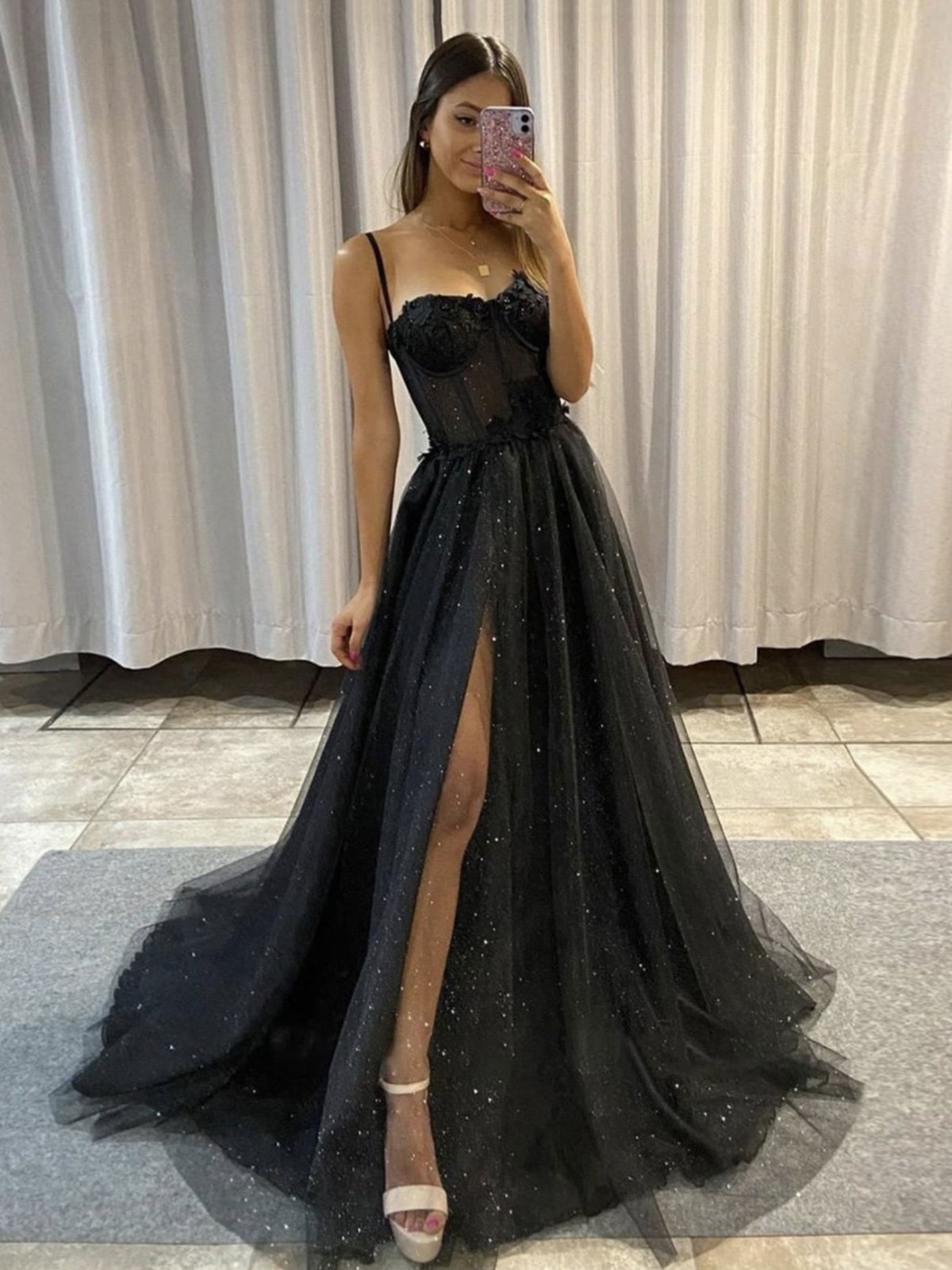 

Party Dresses BridalAffair Black Glitter A Line Tulle Prom Dresses Spaghetti Straps Sweetheart Bones Side Slit 3D Flowers Long Evening Gowns 230204, Blue