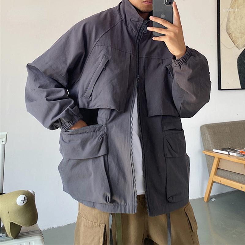 

Men's Jackets Spring Autumn Streetwear Retro Multi-Pocket Cargo Jacket Men Clothing Harajuku Casual Coat Loose Tops Male, Beige