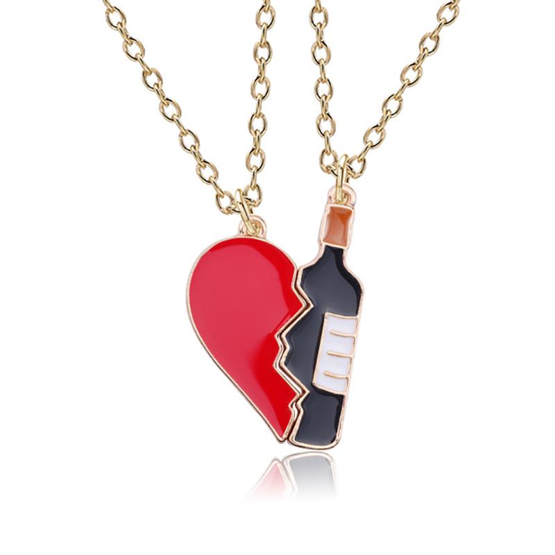 

Chains Fashion Broken Red Heart And Wine Bottle Splice 2pcs/set Pendant Necklace Friends Forever Girlfriends Valentine's Day Gift