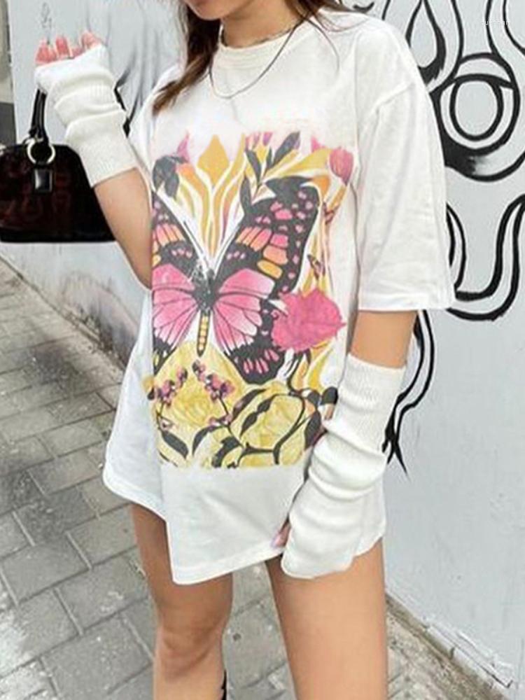 

Women' T Shirts Casual Loose Butterfly Printing White Oversized T-shirts Summer Women Tops Streetwear Graphic Tee Cute O Neck Outfits