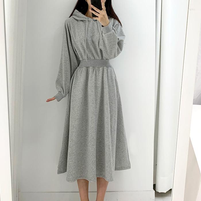 

Casual Dresses 2023 Long Sleeve Hooded Women Solid Grey Black Woman Dress Vintage Luxury Party Autumn A-Line Spring Elegant High Waist, Milky