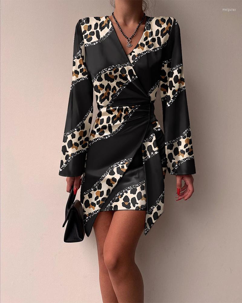 

Casual Dresses Women V Neck Mini Dress Full Length Sexy High Waist Leopard Fashion Bodycon Slim, Black