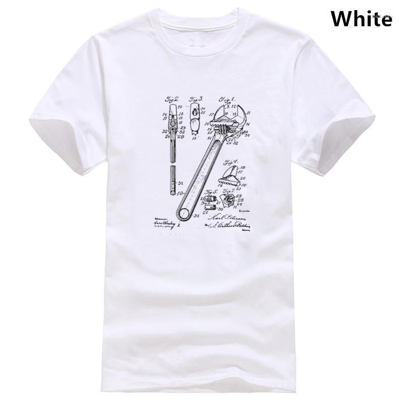 

Men' T Shirts Vintage Wrench Patent Drawing T-Shirt Men Crew Neck Cotton Opener Mechanic Fix Engineer Tool Short Sleeve Tee, White